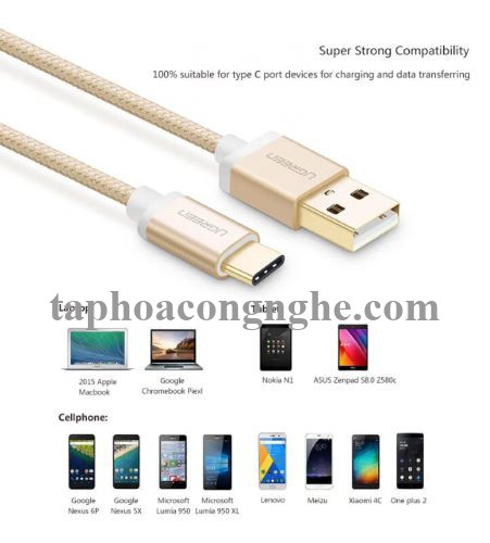 Ugreen 20859 0.5M màu Vàng Dây USB 2.0 sang Type-C đầu nhôm dây bọc vinyl US174 30020859